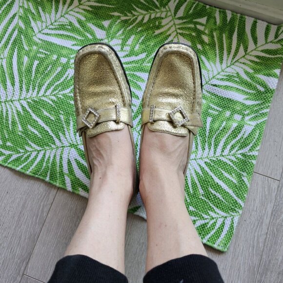 Gold Leather Gold crystal-embellished Driving Moc Loafers Flats - Picture 2 of 12